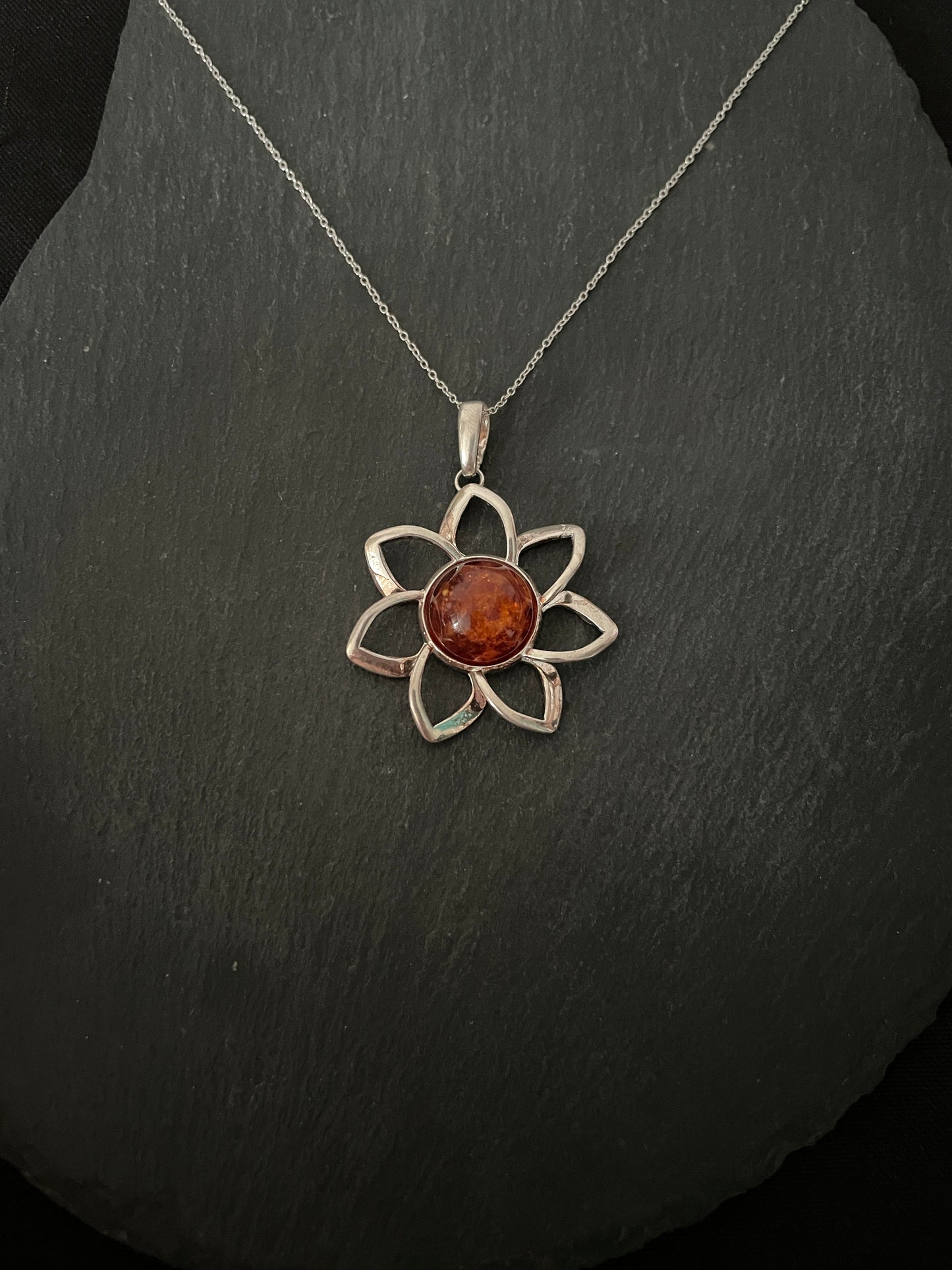 Amber and Silver Flower Pendant image 0