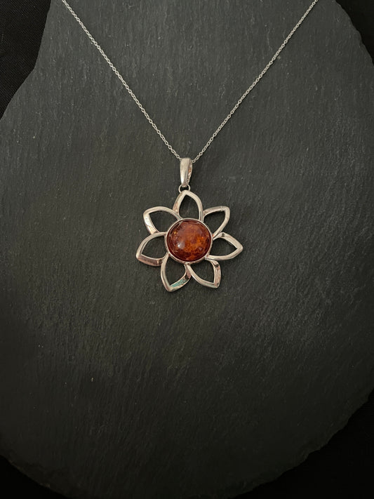 Amber and Silver Flower Pendant image 0
