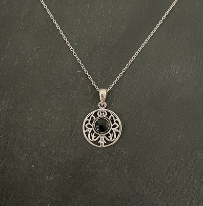 Black Onyx and Silver Round Pendant image 0