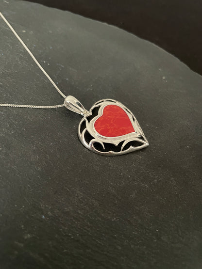 Coral and Silver Heart Pendant image 1