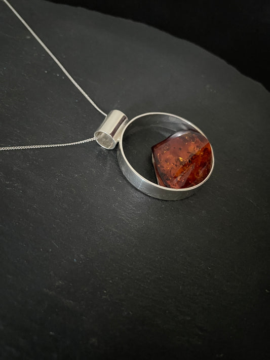 Round Amber and Silver Pendant image 1