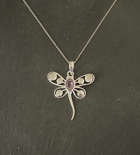 Amethyst and Silver Dragonfly Pendant image 0
