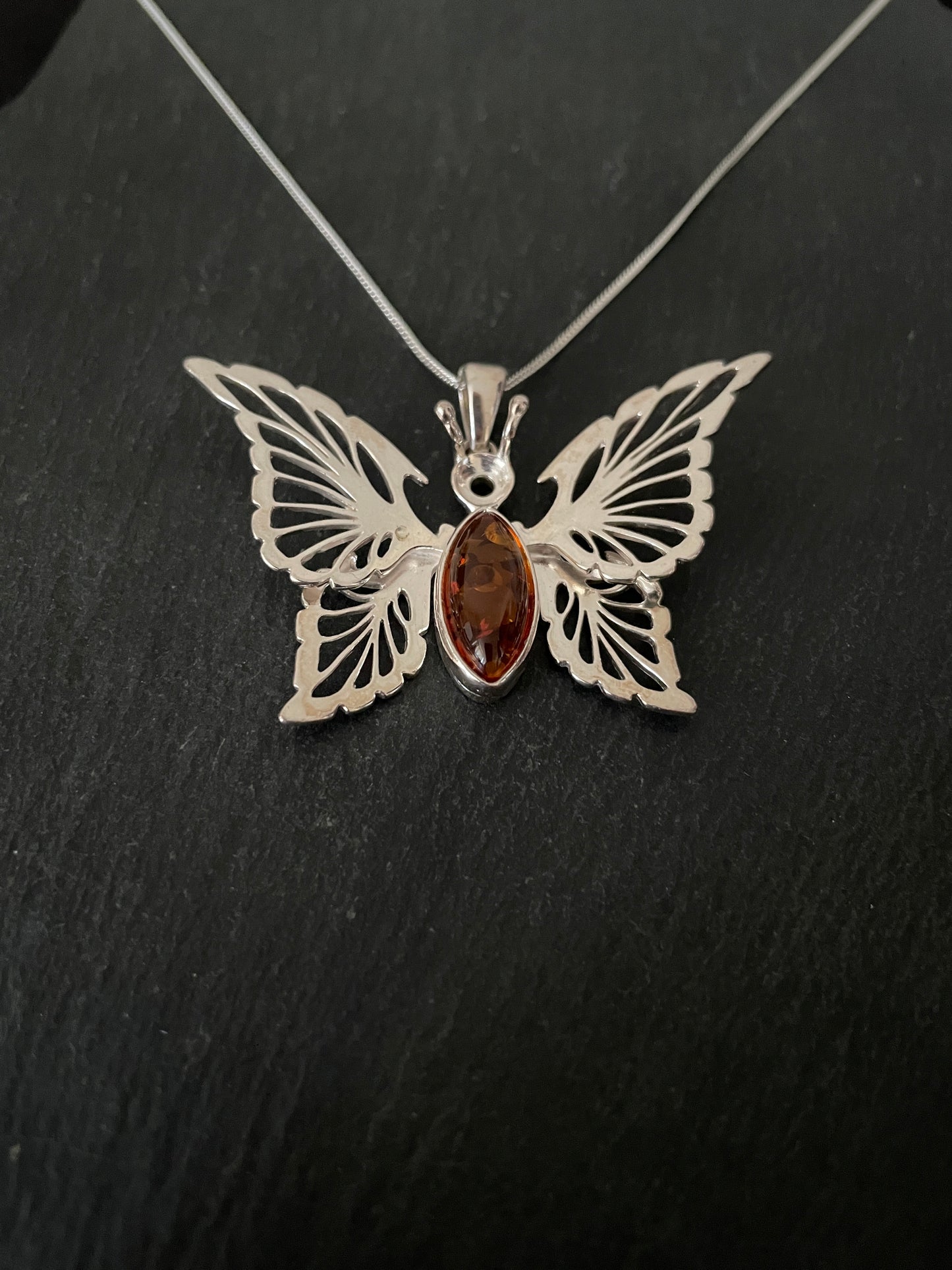 Large Amber and Silver Butterfly Pendant image 1