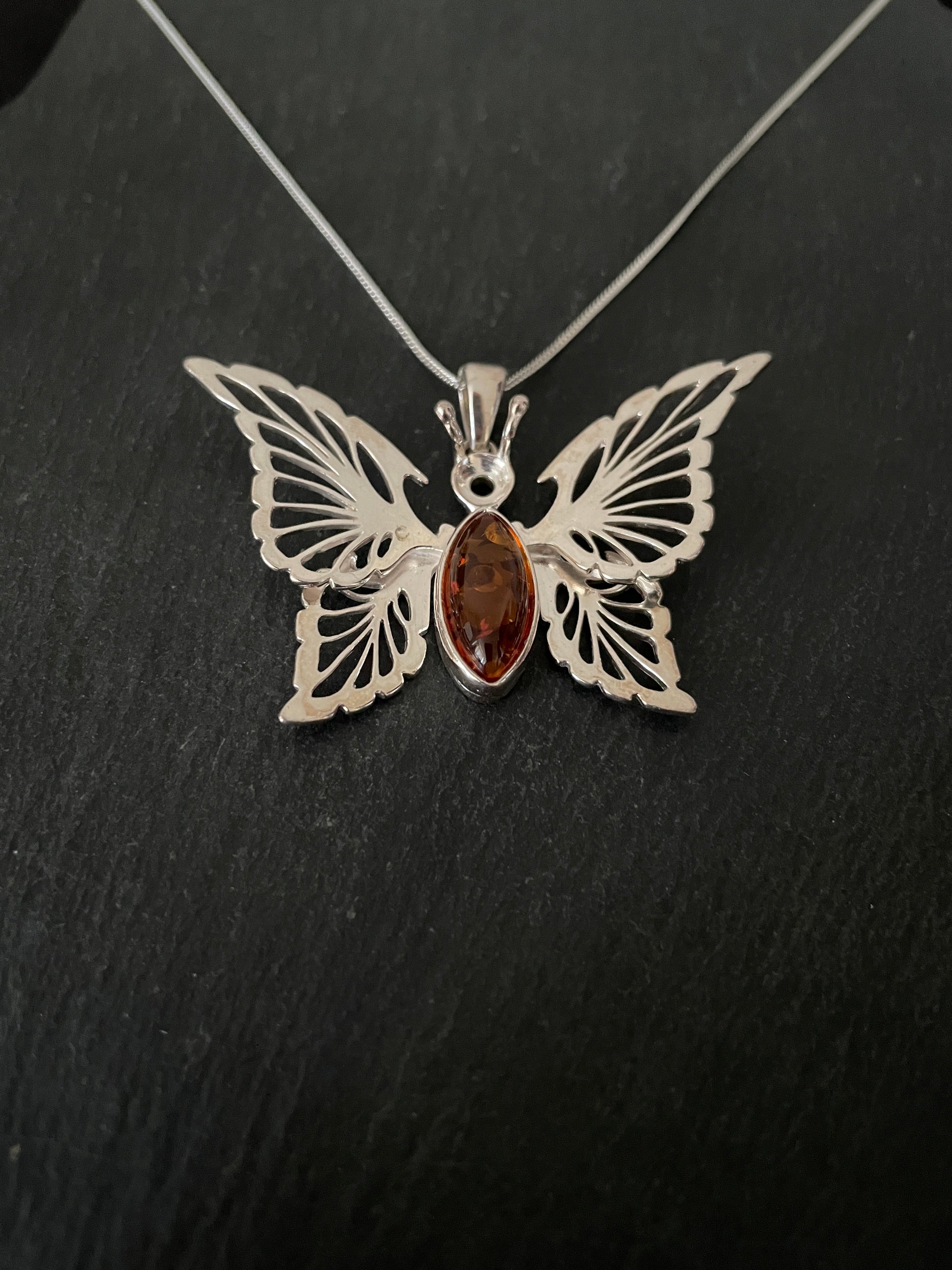 Large Amber and Silver Butterfly Pendant image 1