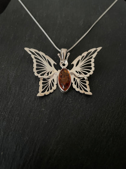 Large Amber and Silver Butterfly Pendant image 1