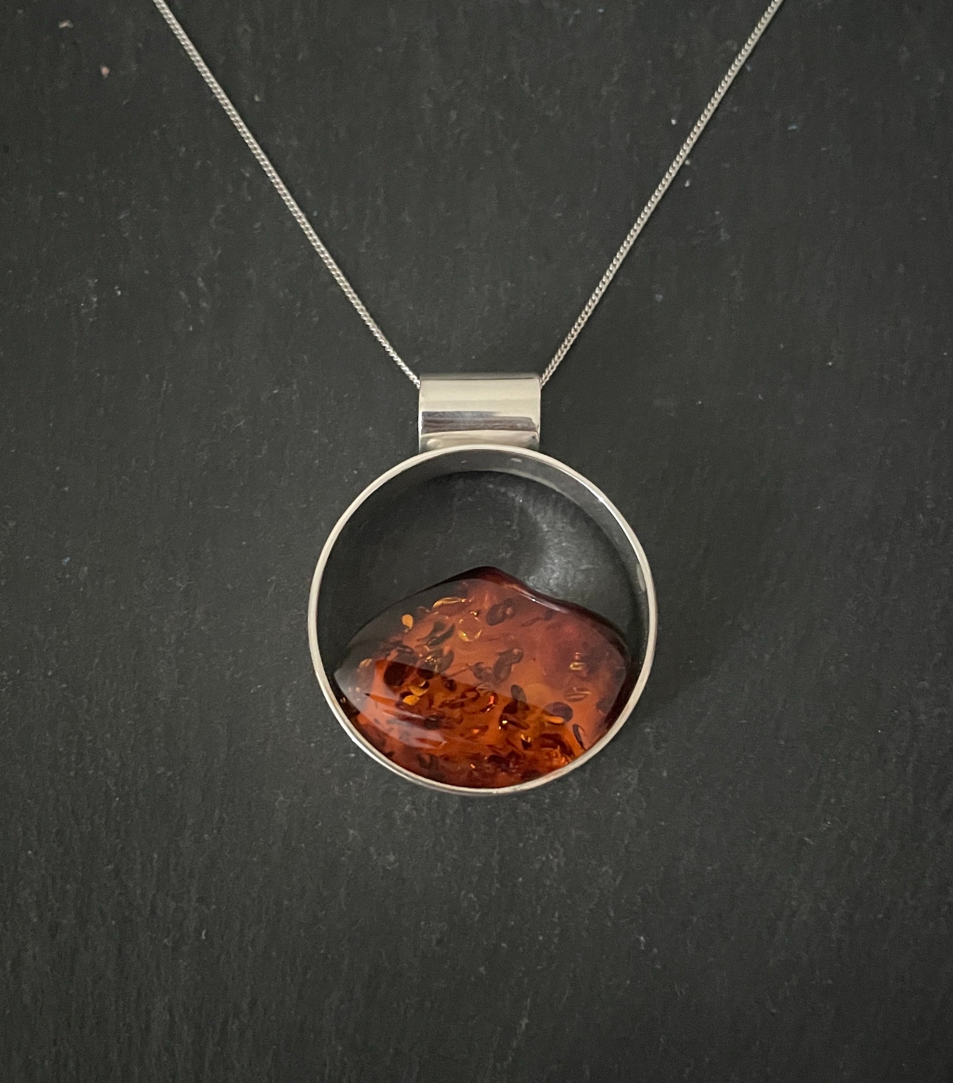 Round Amber and Silver Pendant image 0