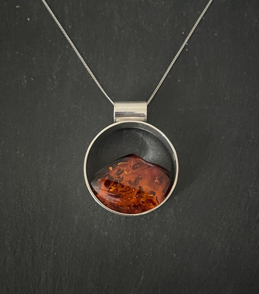 Round Amber and Silver Pendant image 0