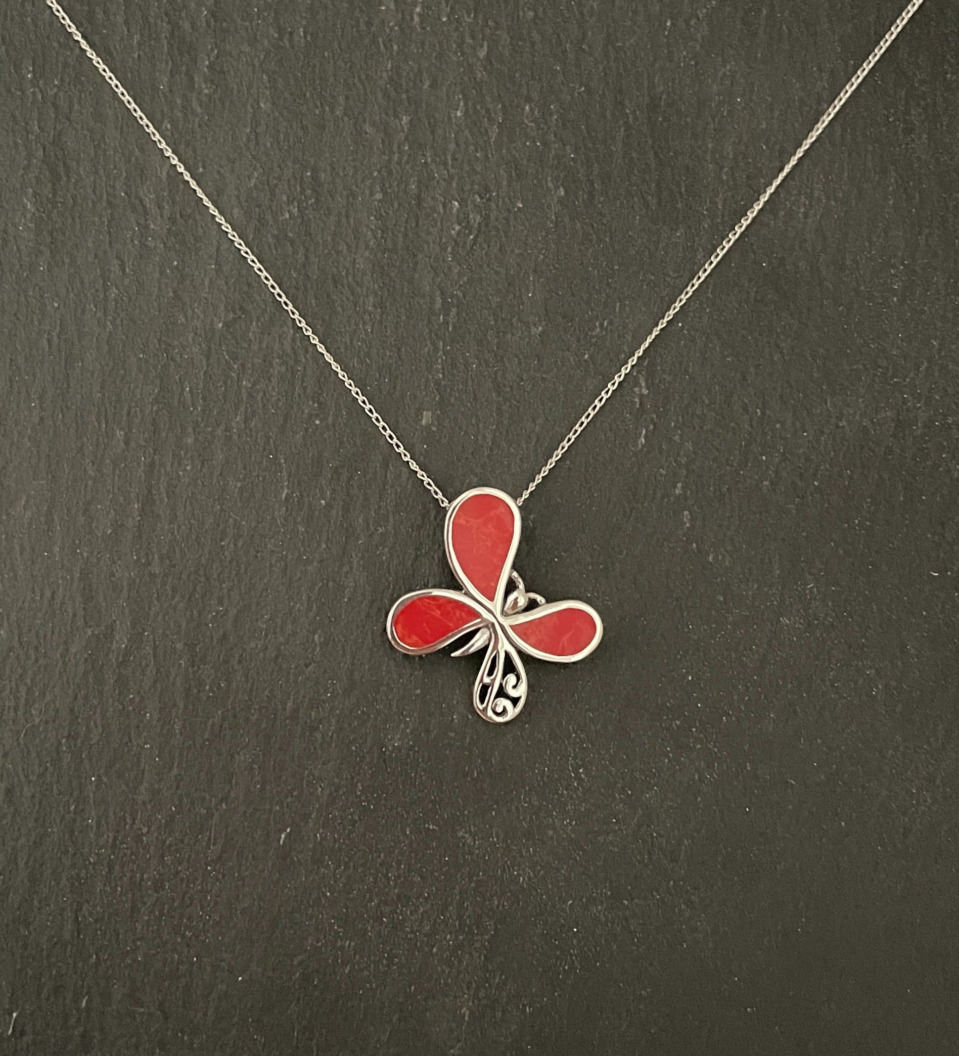 Coral and Silver Butterfly Pendant image 0
