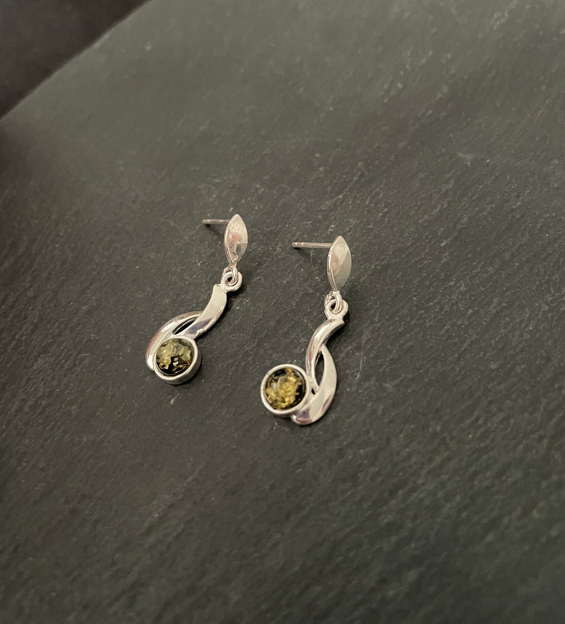 Green Amber and Silver Earrings image 1