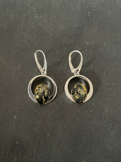 Green Amber and Handmade Silver Drop Earrings