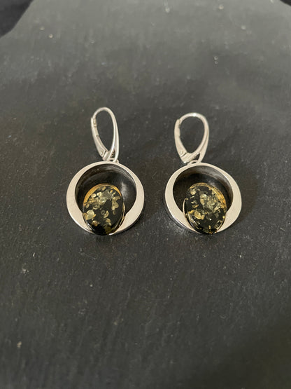 Green Amber and Handmade Silver Drop Earrings