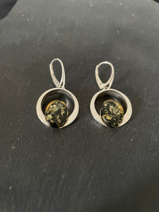 Green Amber and Handmade Silver Drop Earrings