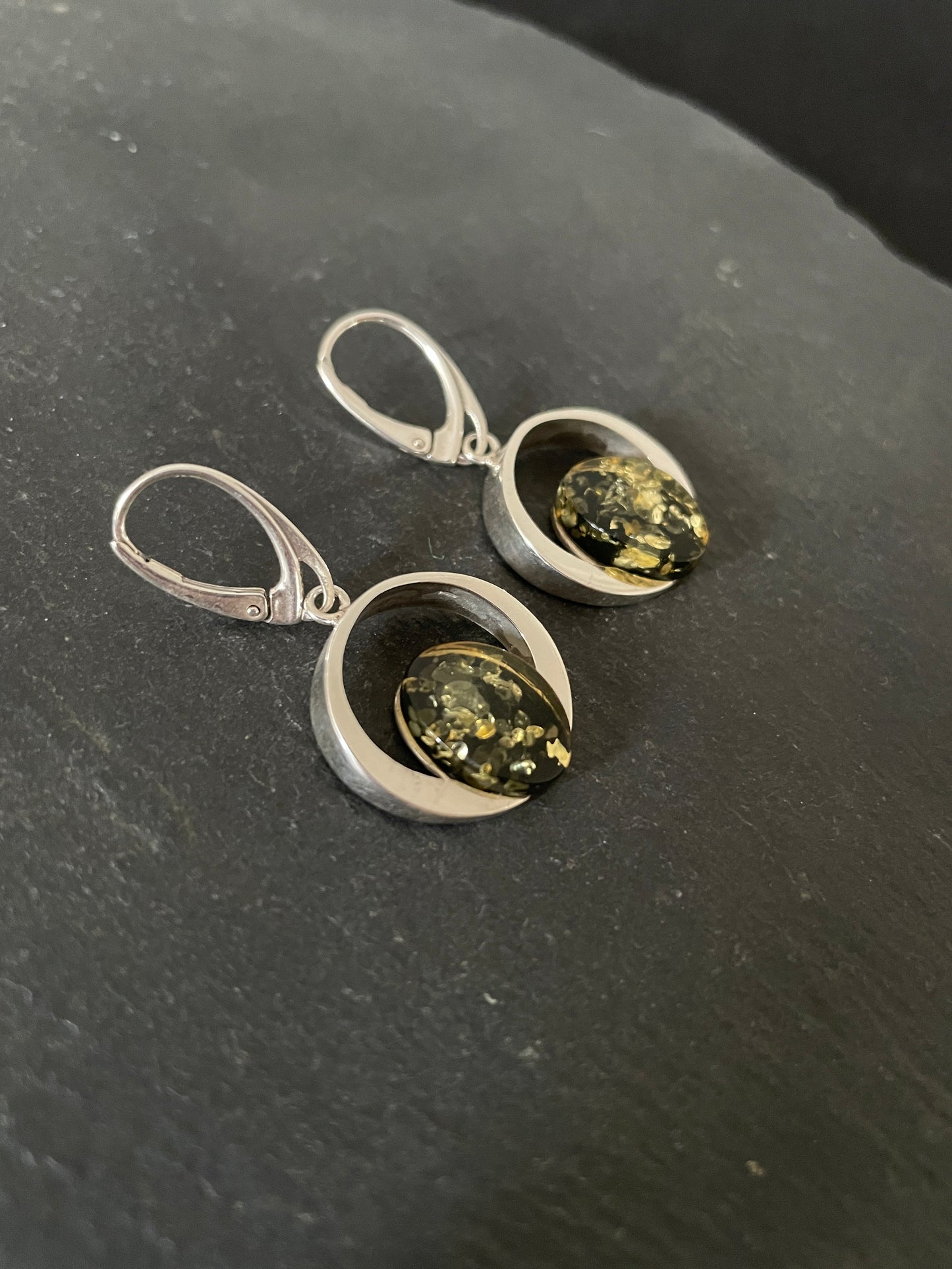 Green Amber and Handmade Silver Drop Earrings