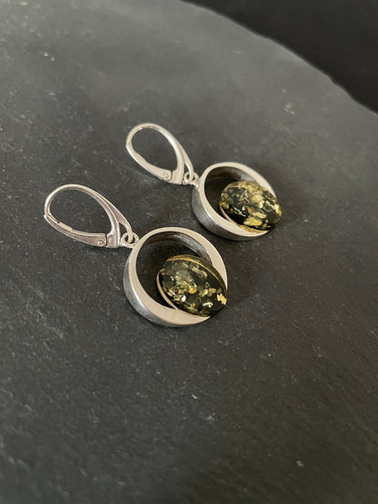 Green Amber and Handmade Silver Drop Earrings