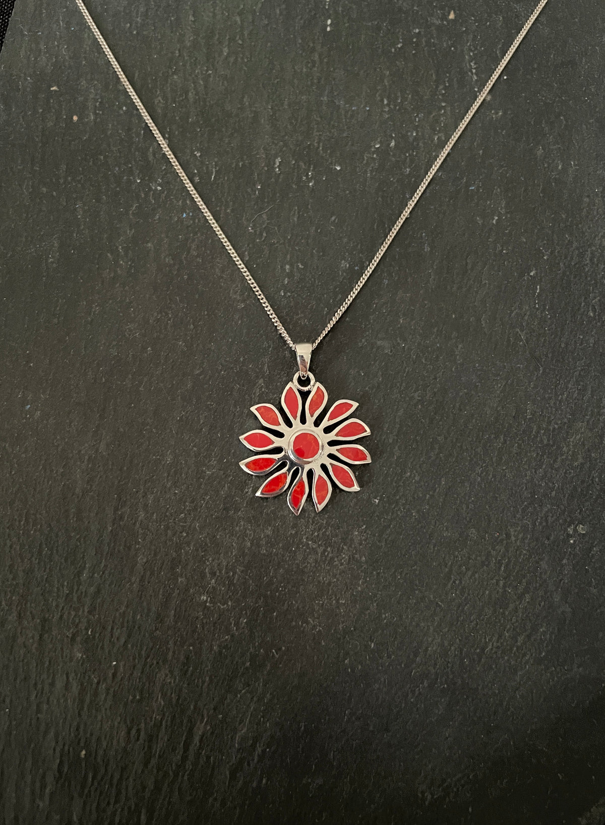 Coral and Silver Flower Pendant