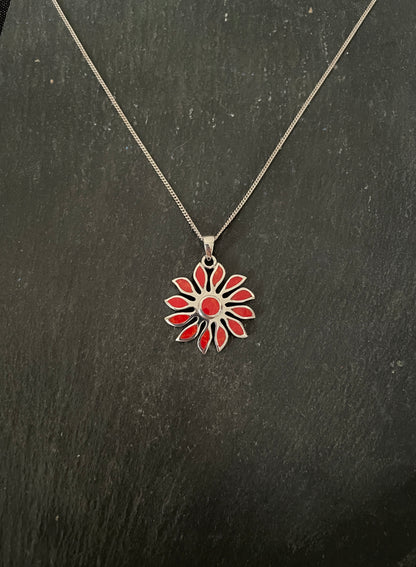 Coral and Silver Flower Pendant
