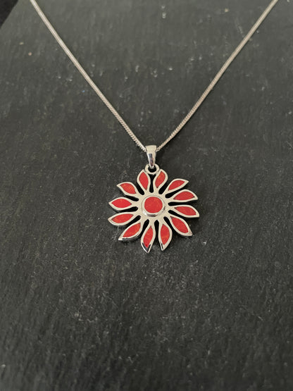Coral and Silver Flower Pendant