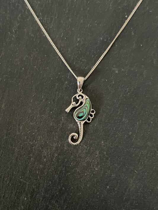 Paua Shell and Silver Seahorse Pendant