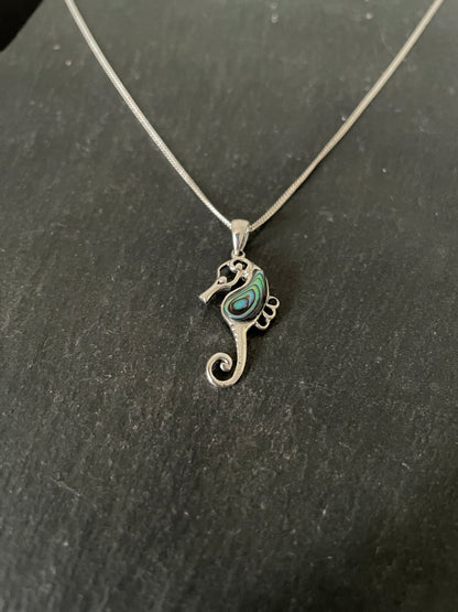 Paua Shell and Silver Seahorse Pendant