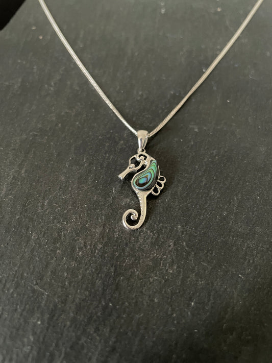 Paua Shell and Silver Seahorse Pendant