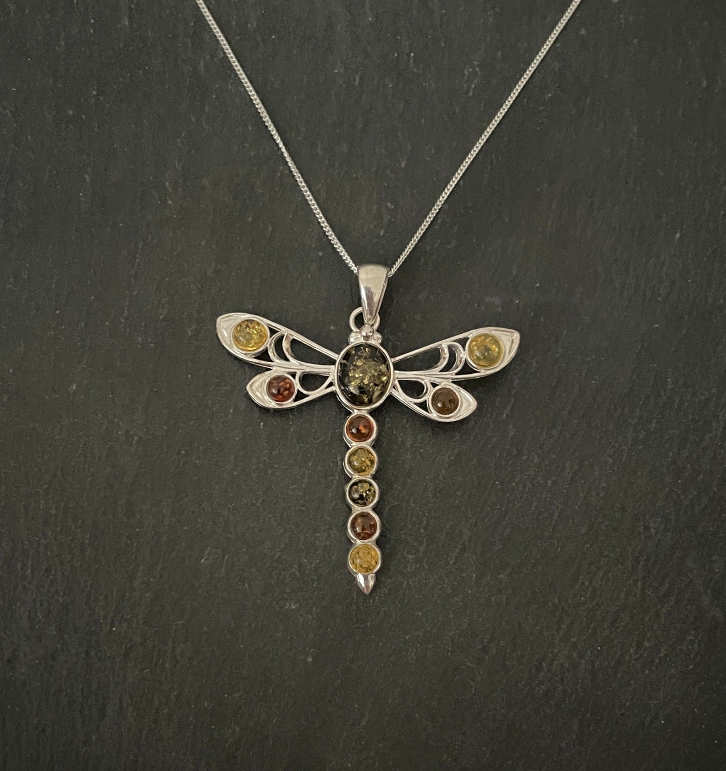 Amber and Silver Dragonfly Pendant image 0