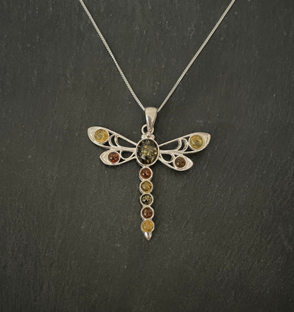 Amber and Silver Dragonfly Pendant image 0