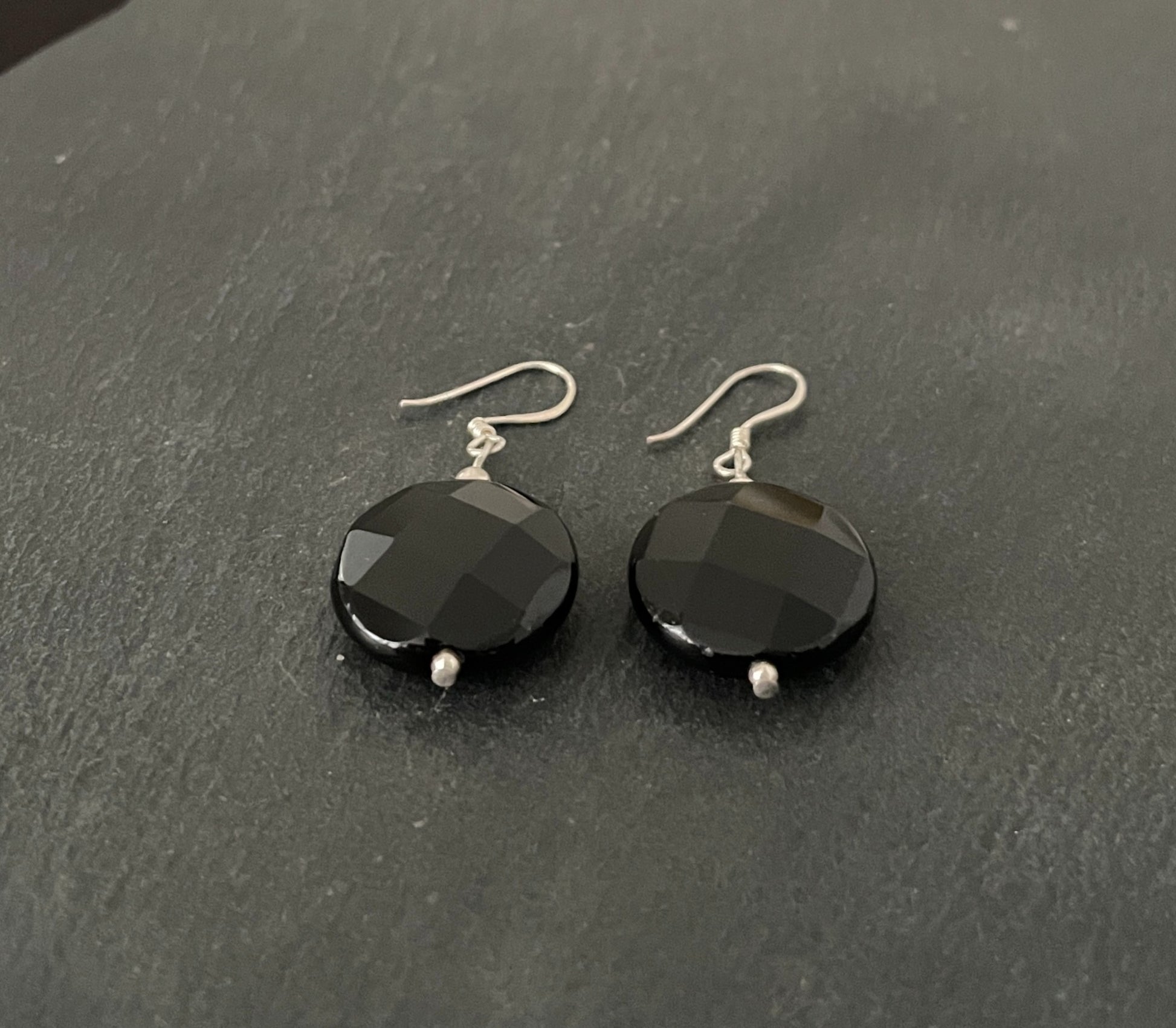 Round Black Onyx Drop Earrings image 1