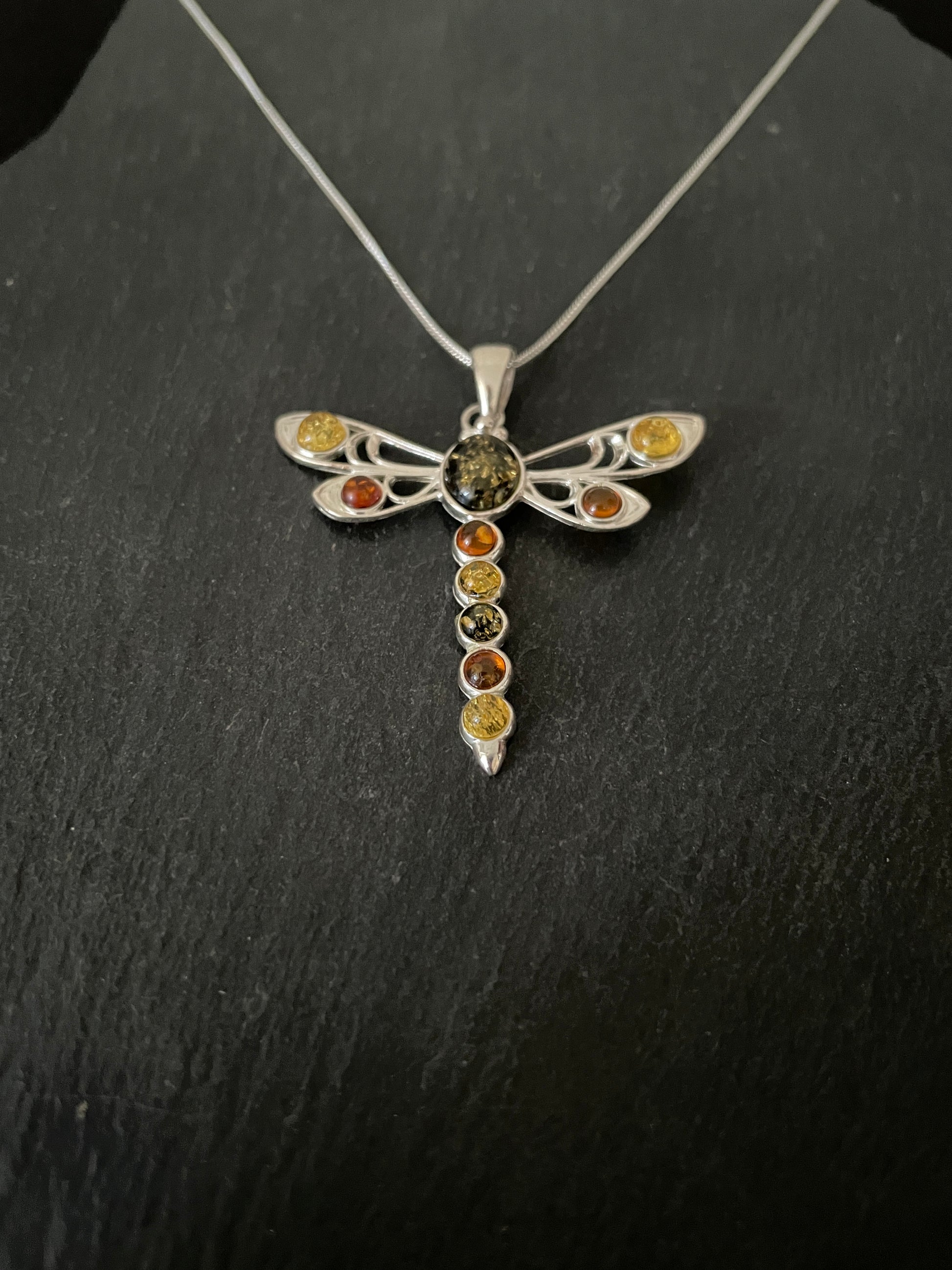 Amber and Silver Dragonfly Pendant image 1