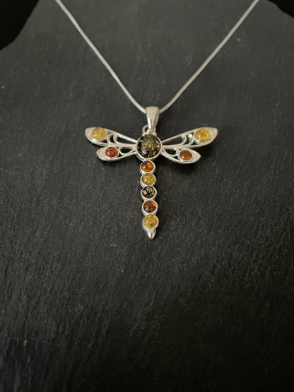 Amber and Silver Dragonfly Pendant image 1