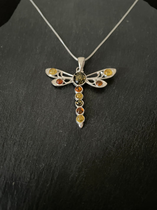 Amber and Silver Dragonfly Pendant image 1