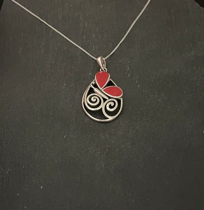 Coral and Silver Butterfly Pendant image 1