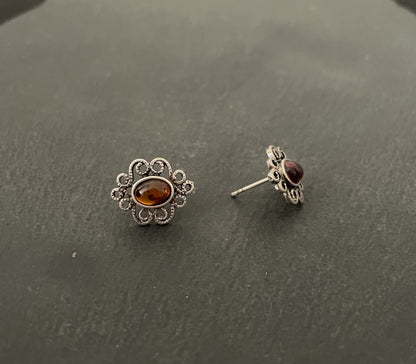 Amber and Silver Oval Studs image 1