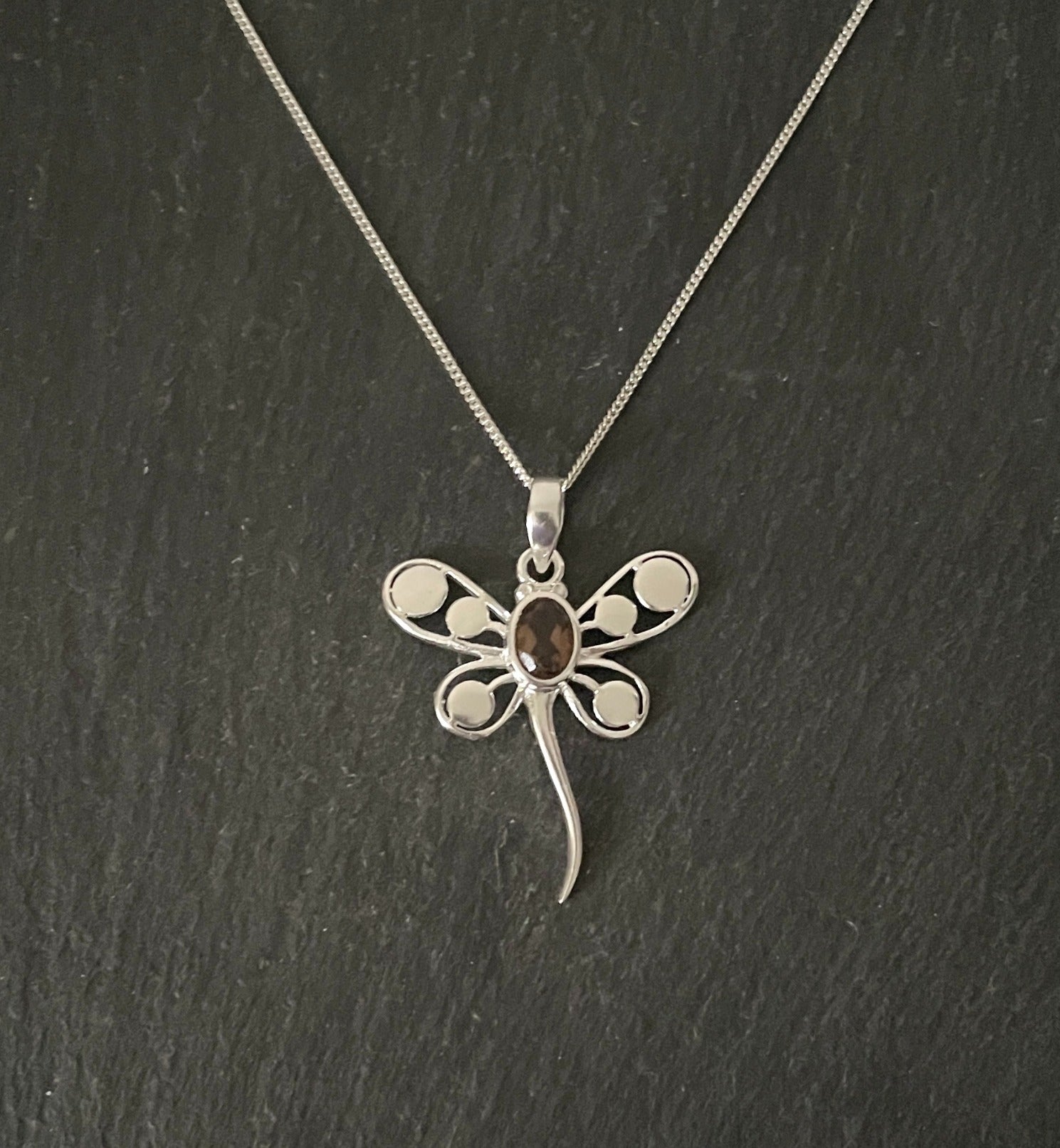 Smokey Quartz and Silver Dragonfly Pendant image 0