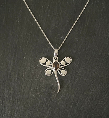 Smokey Quartz and Silver Dragonfly Pendant image 0