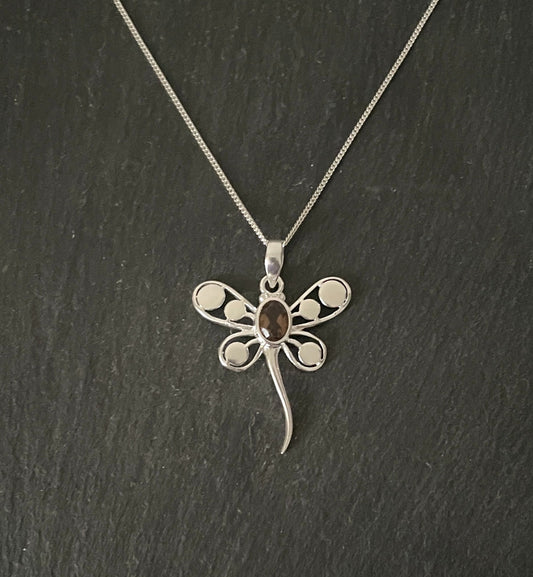Smokey Quartz and Silver Dragonfly Pendant image 0