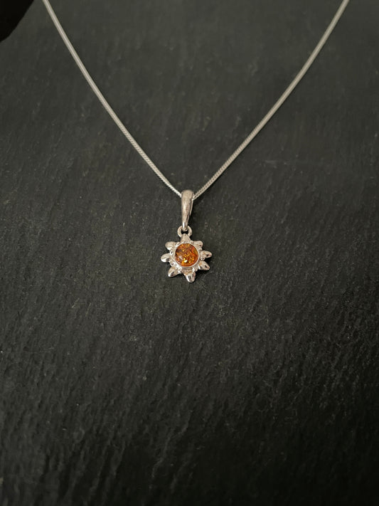Amber and Silver Flower Pendant image 1
