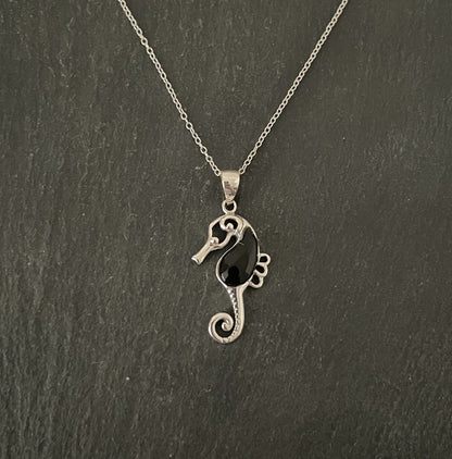 Black Onyx and Silver Seahorse Pendant image 0