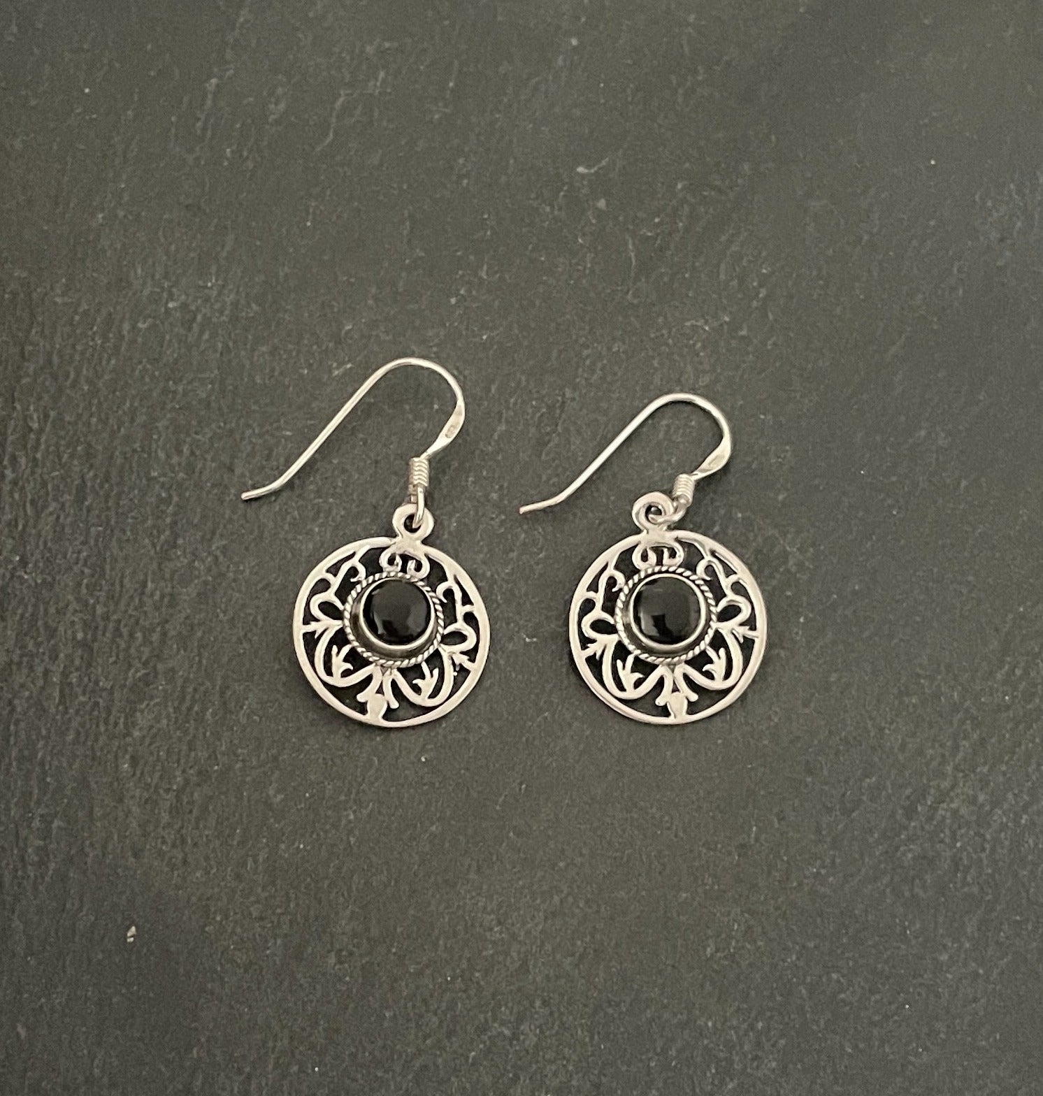 Round Black Onyx Drop Earrings image 0
