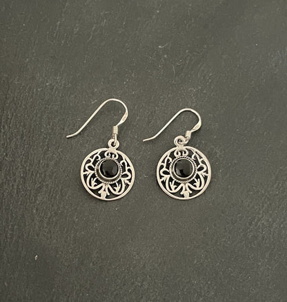 Round Black Onyx Drop Earrings image 0