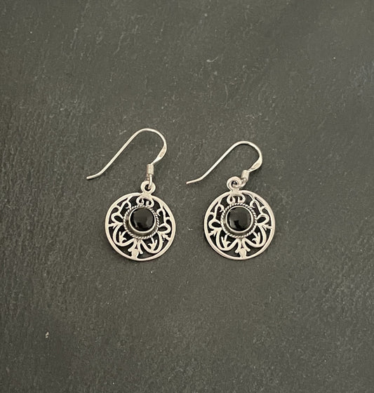 Round Black Onyx Drop Earrings image 0
