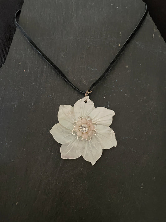 Mother of Pearl and Rose Quartz Flower Necklace image 0