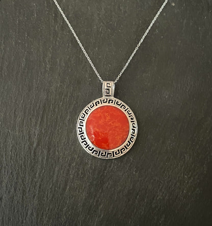 Round Coral and Silver Pendant image 0