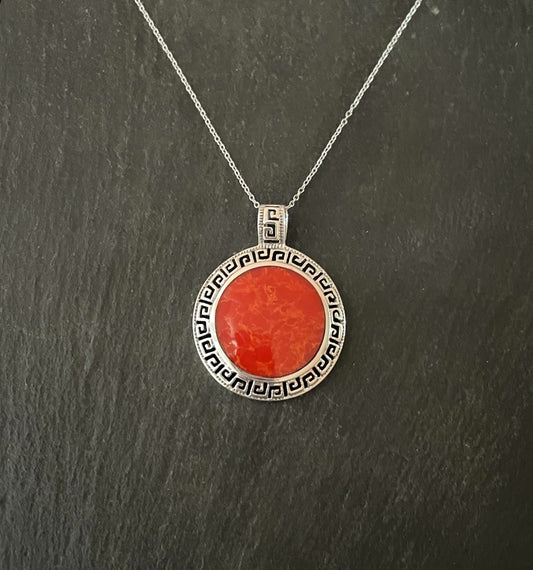 Round Coral and Silver Pendant image 0
