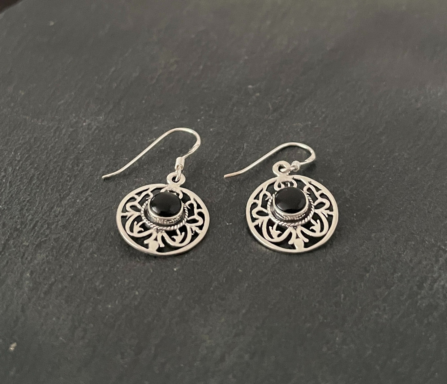 Round Black Onyx Drop Earrings image 1