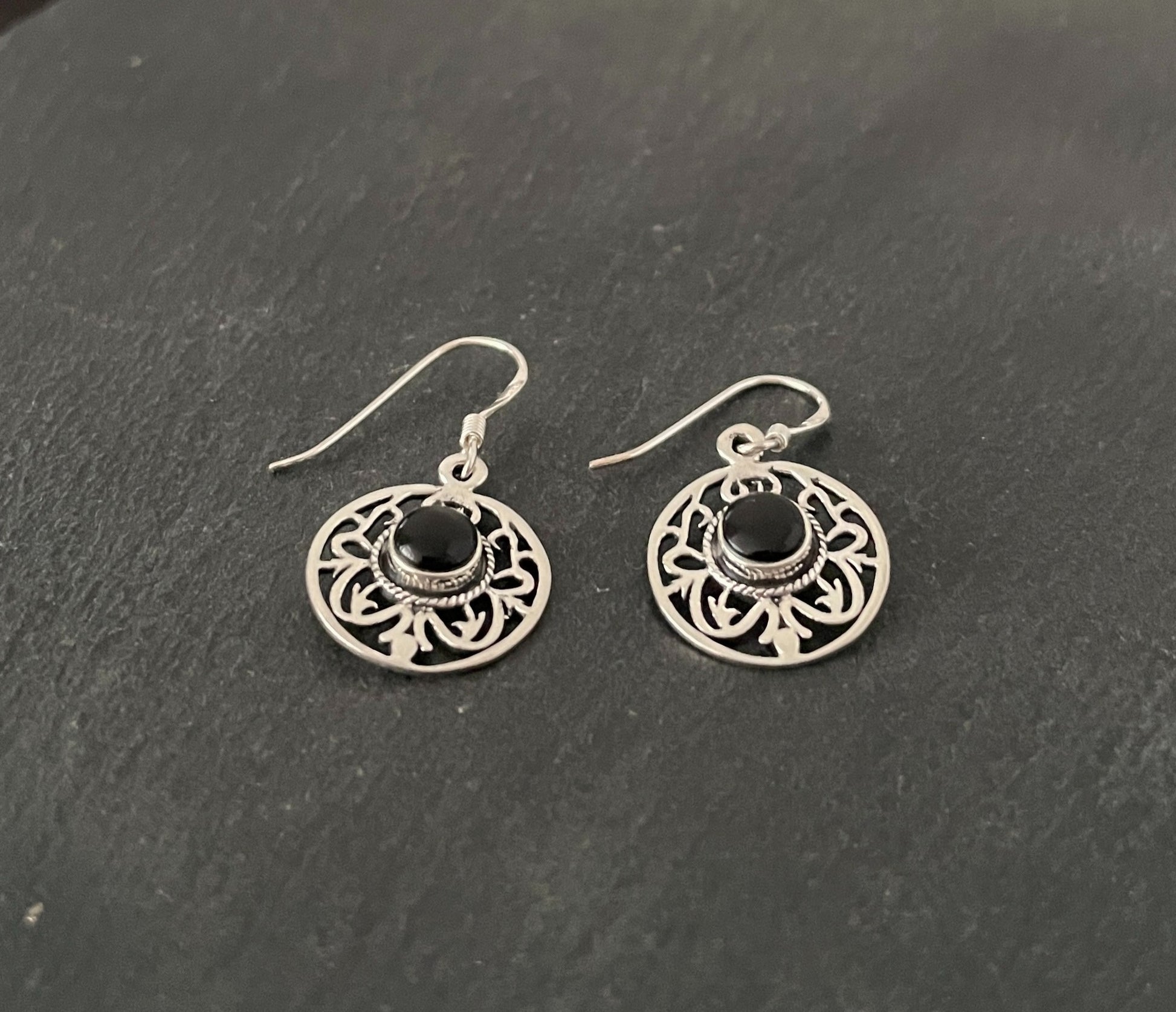 Round Black Onyx Drop Earrings image 1