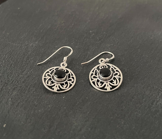 Round Black Onyx Drop Earrings image 1