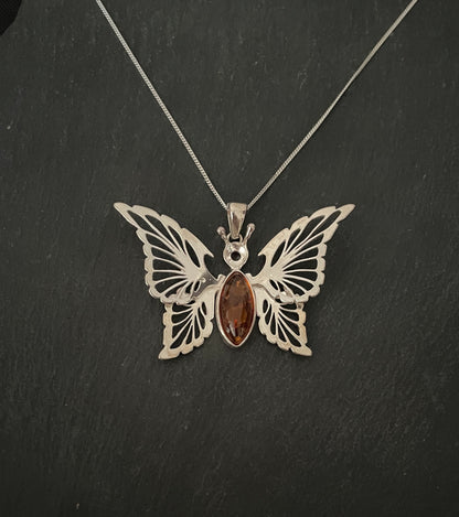 Large Amber and Silver Butterfly Pendant image 0
