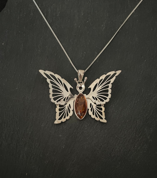 Large Amber and Silver Butterfly Pendant image 0