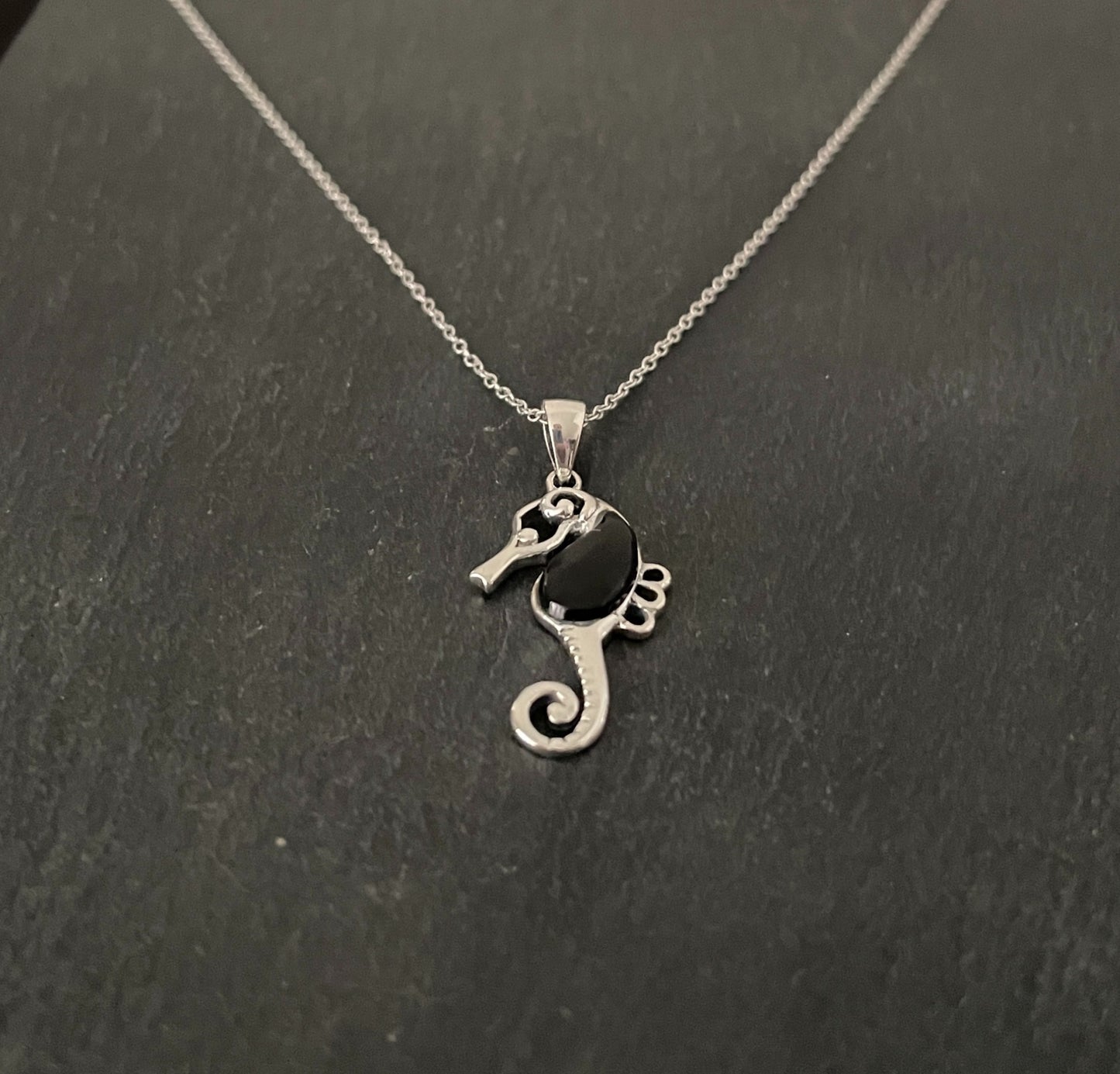 Black Onyx and Silver Seahorse Pendant image 1