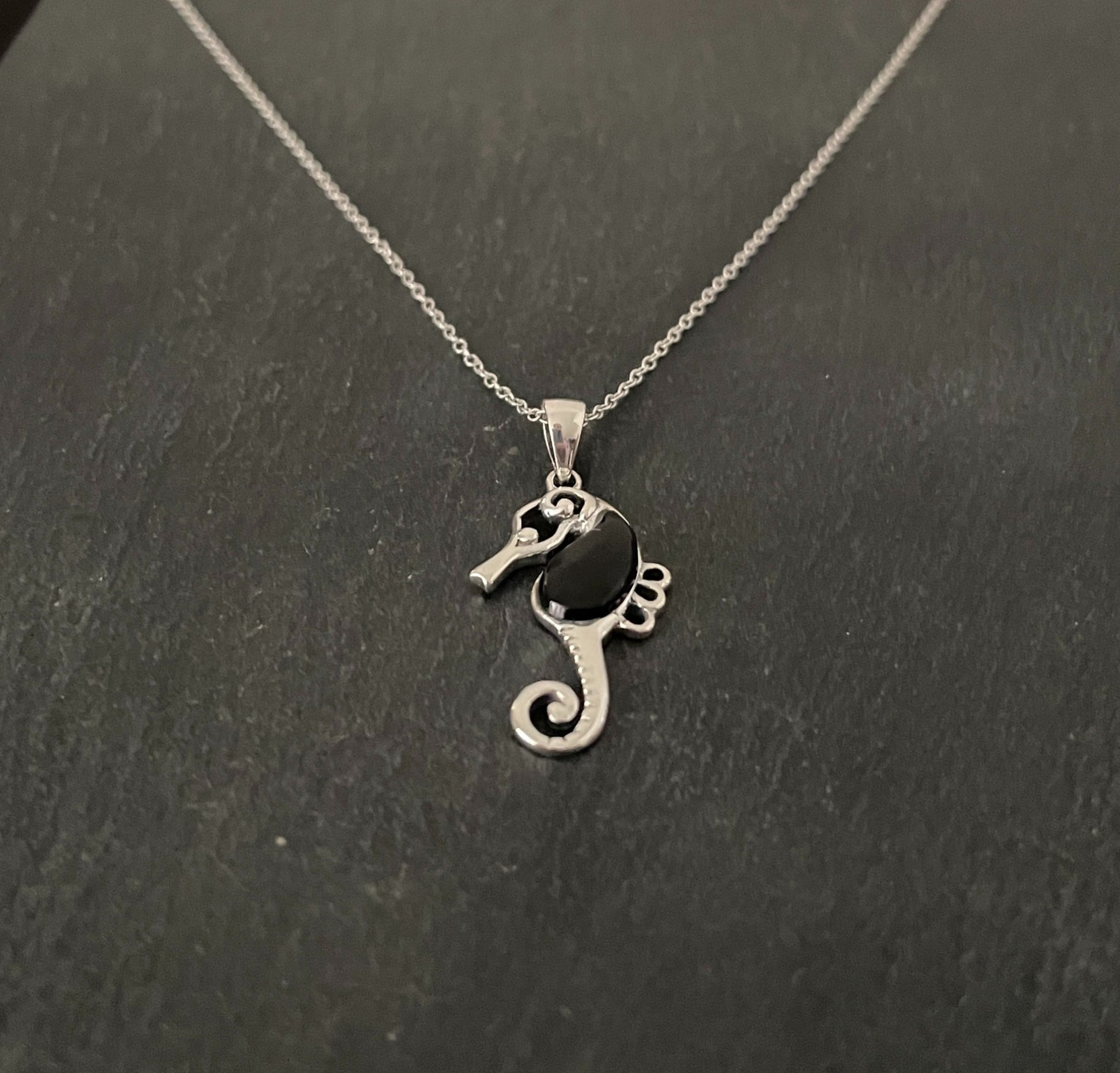 Black Onyx and Silver Seahorse Pendant image 1